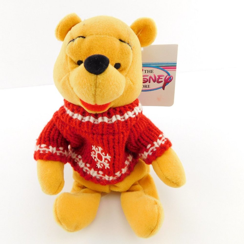 NWT Vintage WINNIE THE POOH Snowflake Sweater Plush Bean Bag Toy Disney Store